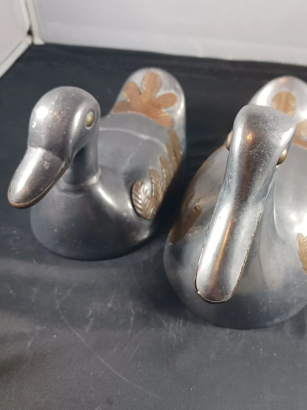 2 Vintage Duck Shape Pewter with Brass Inlay